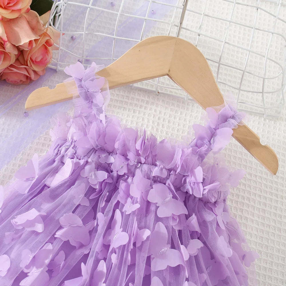 (0-3 años) novedad de verano, vestido para niñas, Color sólido, Halter, mariposa adornada, falda acampanada, vestido de princesa dulce de malla