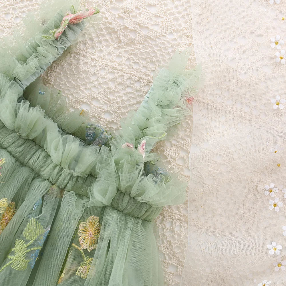Lindo vestido de tirantes de malla para niñas pequeñas, vestido de princesa tutú de tul esponjoso, ropa informal de verano con bordado de flores para niñas pequeñas