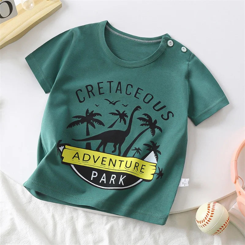 Camiseta de manga corta de algodón suave para verano, chándal con estampado de dinosaurio y perro de dibujos animados para bebés, ropa informal de 1 a 4 años