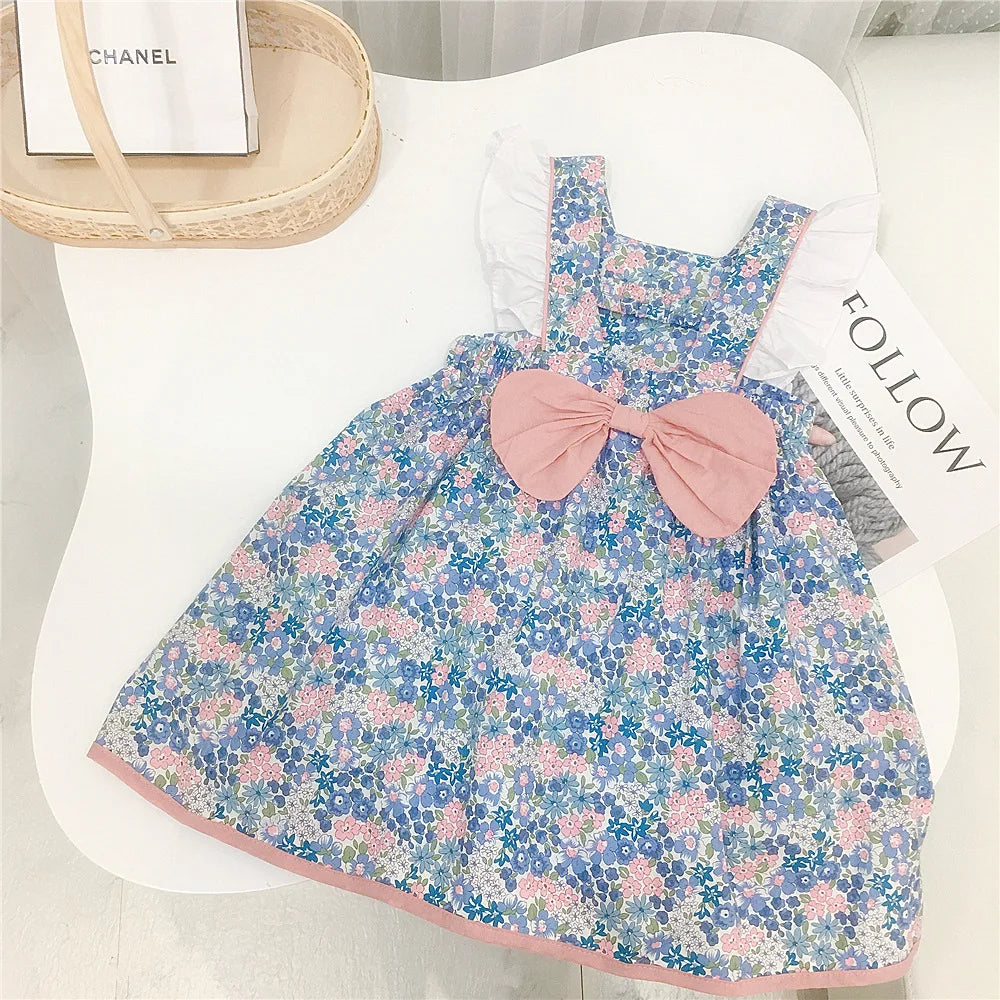 Vestido de flores fragmentadas para niñas, ropa de bebé, lazo de algodón, mangas voladoras pequeñas, vestido de princesa para niños, verano, nuevo