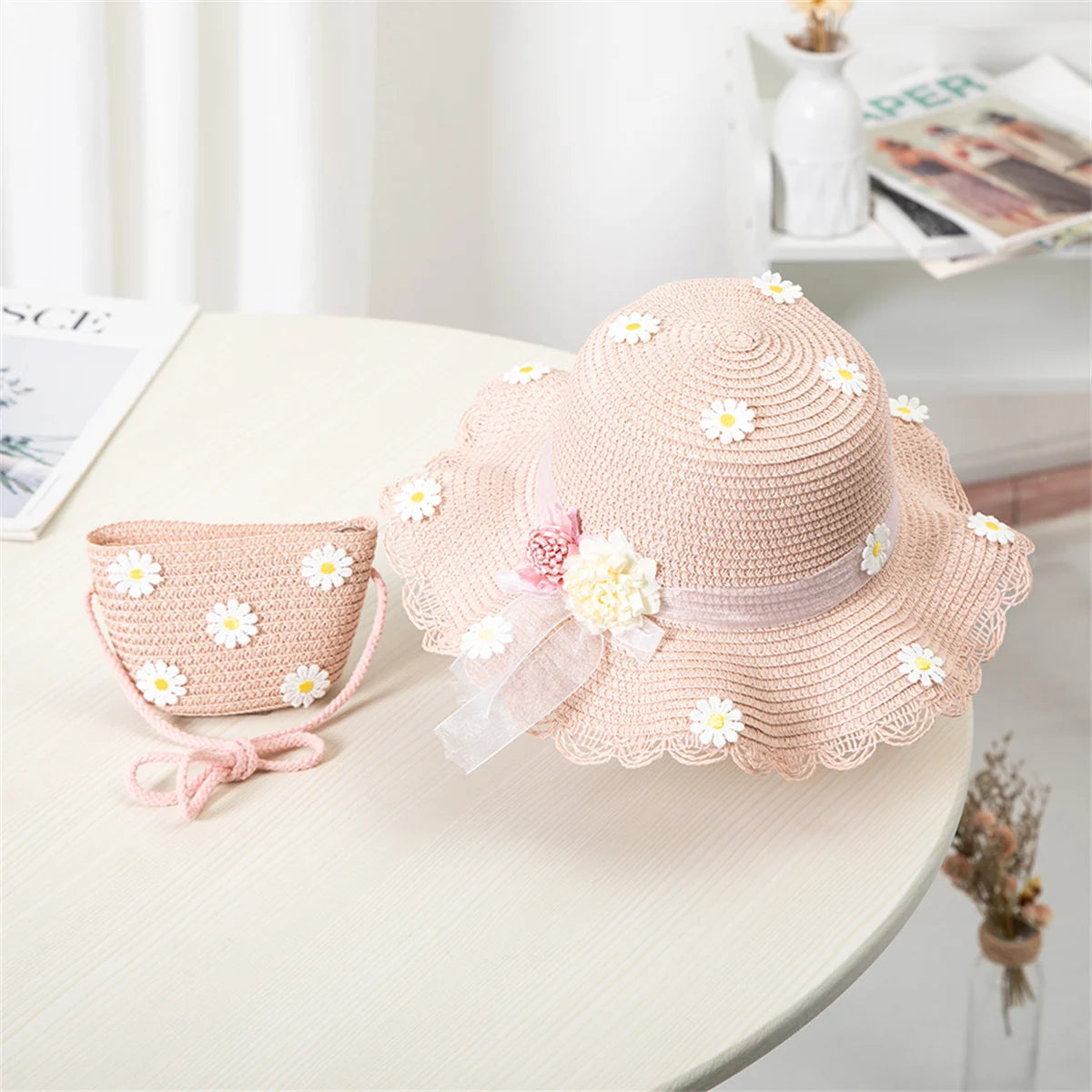 Sombrero de Sol para niños y niñas, conjunto de gorro con bolsa de paja, protección solar de viaje para bebé, sombreros de playa, sombrero de pescador para el sol, novedad de verano