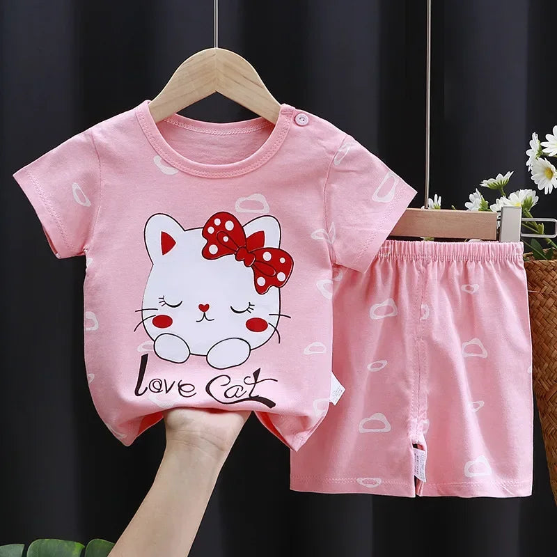 2025 New Korean Style Kids Cotton Short Sleeve Outfits Summer Girls Boys T-shirts Two-Piece Set Baby Infant Clothes