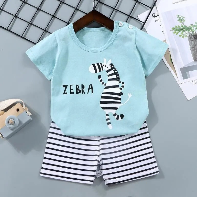 Camisetas de algodón + Pantalones cortos, conjunto de chándal de 2 piezas, traje de verano con estampado de dinosaurio y cebra de dibujos animados para niños y niñas, ropa para bebés de 1 a 6 años