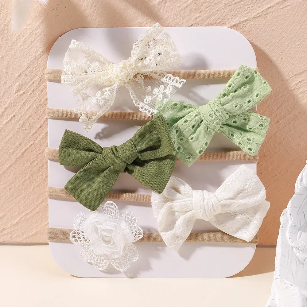5 unids/lote, diadema elástica de nailon para bebé, banda para la cabeza con lazo de encaje y flores para recién nacido, accesorios suaves para el cabello para niña pequeña
