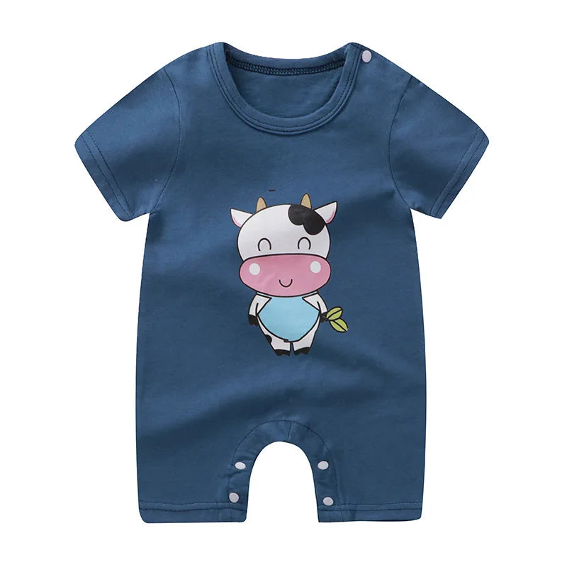 Nueva ropa de verano para bebés recién nacidos, niños y niñas, sección de impresión de dibujos animados de manga corta, ropa de escalada con archivo abierto, mono para bebé