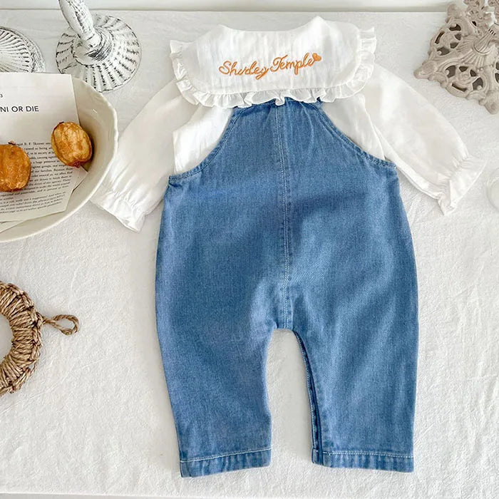 Traje de ropa para niños, conjunto de ropa para niñas pequeñas, camisa bordada de manga larga + mono vaquero, traje de ropa de otoño y primavera