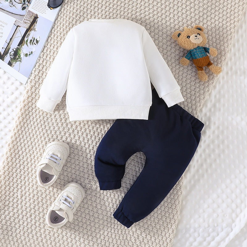 Terno para niño de 3 a 24 meses, camiseta de manga larga con estampado de oso de dibujos animados, pantalones azul marino, conjunto de ropa infantil