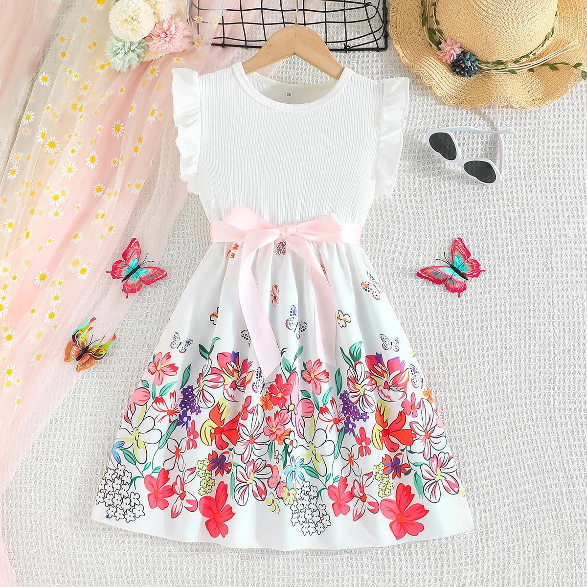 2025 New Summer Korean Style Cute Printed Bow Casual Dress for Girls Birthday Party Baby Girl Clothes 2-10 Years