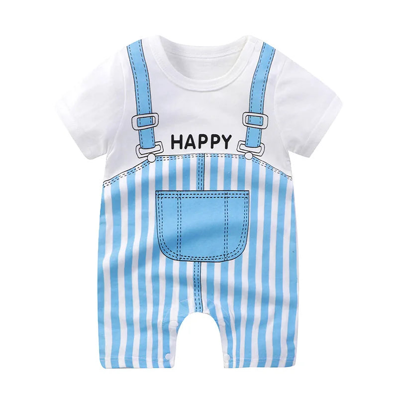 Nueva ropa de verano para bebés recién nacidos, niños y niñas, sección de impresión de dibujos animados de manga corta, ropa de escalada con archivo abierto, mono para bebé