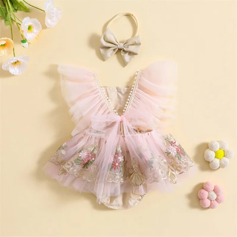 Pudcoco-traje para niña recién nacida, mameluco de manga con mosca de flores bordadas, diadema con lazo, ropa de verano de 0 a 24 meses