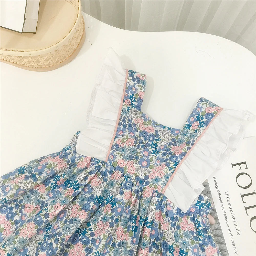 Vestido de flores fragmentadas para niñas, ropa de bebé, lazo de algodón, mangas voladoras pequeñas, vestido de princesa para niños, verano, nuevo