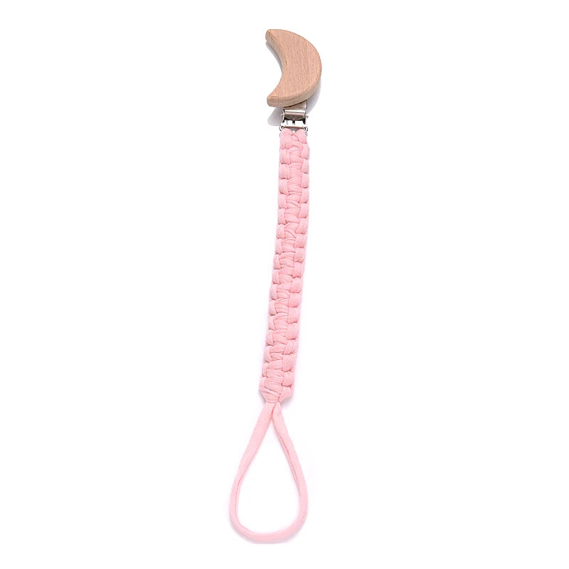 Cadena de chupete de bebé de tela de algodón de ganchillo Simple, Clip de madera de haya con forma de corazón y Luna para bebé hecho a mano, cadena para chupete, juguete para la dentición