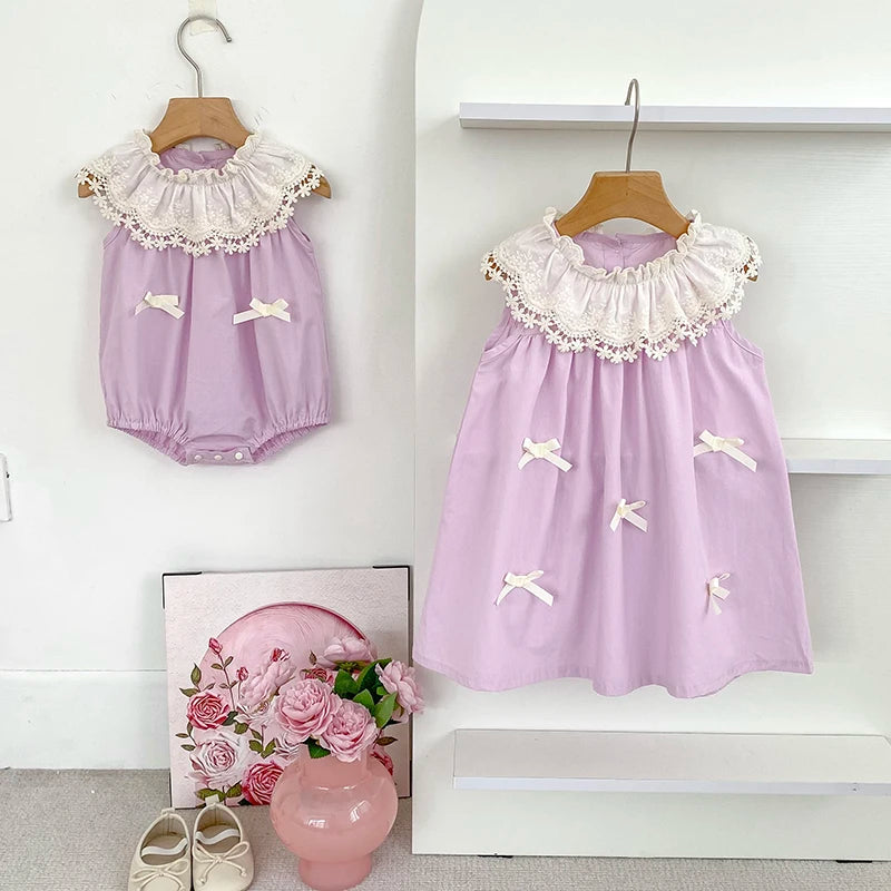 Vestido de encaje con cuello de pétalo para hermanas, peleles para bebés, ropa para niñas, vestido de princesa para fiesta con lazo, ropa dulce y bonita para niños