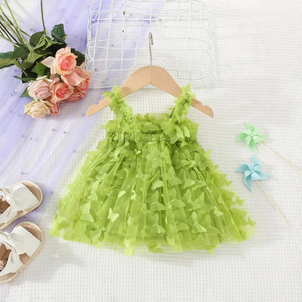 (0-3 años) novedad de verano, vestido para niñas, Color sólido, Halter, mariposa adornada, falda acampanada, vestido de princesa dulce de malla