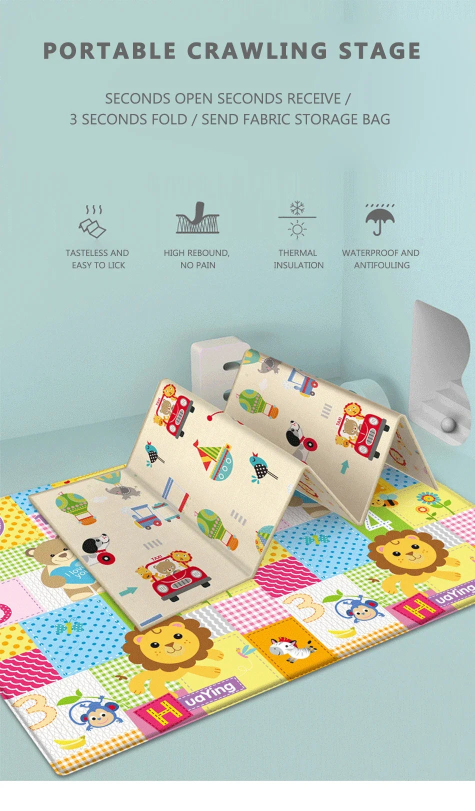 Alfombra de juego para bebés de 97x177cm, alfombra plegable para niños, alfombra para habitación de niños con patrón de doble cara, superficie de actividad educativa fácil de llevar