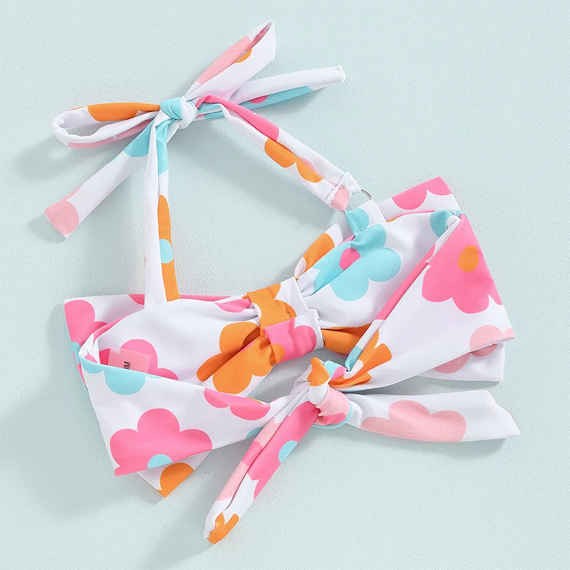 Conjunto de Bikini para niña pequeña, traje de baño de 2 piezas con cuello Halter, Bikini Floral sin mangas, Top anudado, pantalones cortos con estampado de flores a cuadros, 1-6T