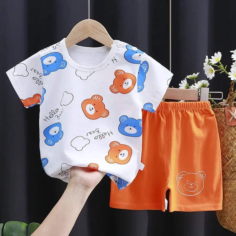 2025 New Korean Style Kids Cotton Short Sleeve Outfits Summer Girls Boys T-shirts Two-Piece Set Baby Infant Clothes