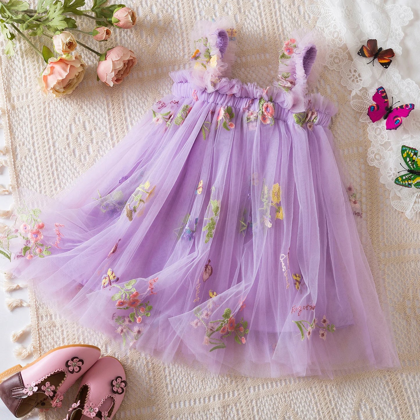 Vestido de verano para niñas pequeñas, tutú de malla hinchado, vestido con tirantes y bordado Floral de princesa, ropa de fiesta de cumpleaños para niñas pequeñas