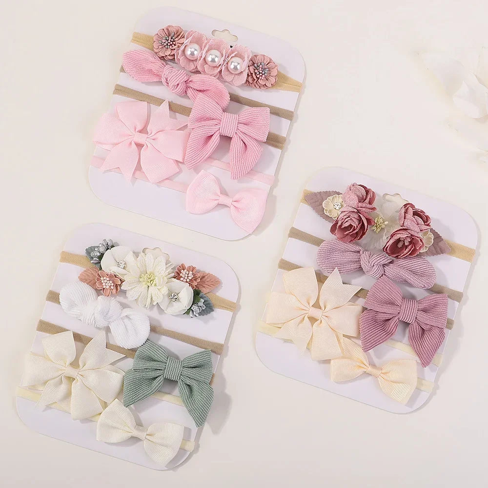 5 unids/lote, diadema elástica de nailon para bebé, banda para la cabeza con lazo de encaje y flores para recién nacido, accesorios suaves para el cabello para niña pequeña