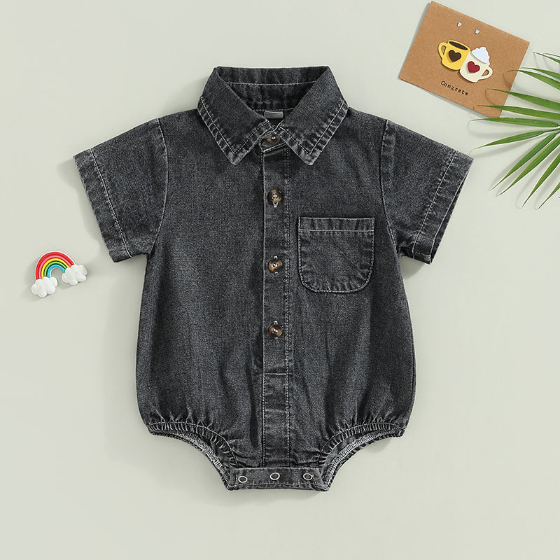 Mono vaquero para recién nacidos, niños y niñas, mono liso de manga corta con cuello vuelto, monos para bebés, monos informales con botones de verano