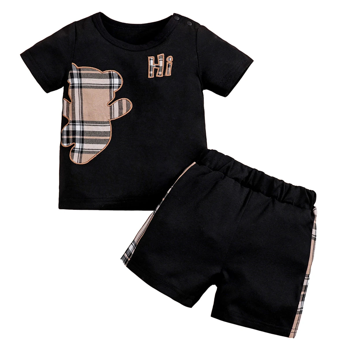 2pcs IURNXB Baby Clothes Set Infant Short Sleeve Tees+Shorts Cartoon Checked Bear Print Cute Kids Tops Pants Casual Suits 3-24M