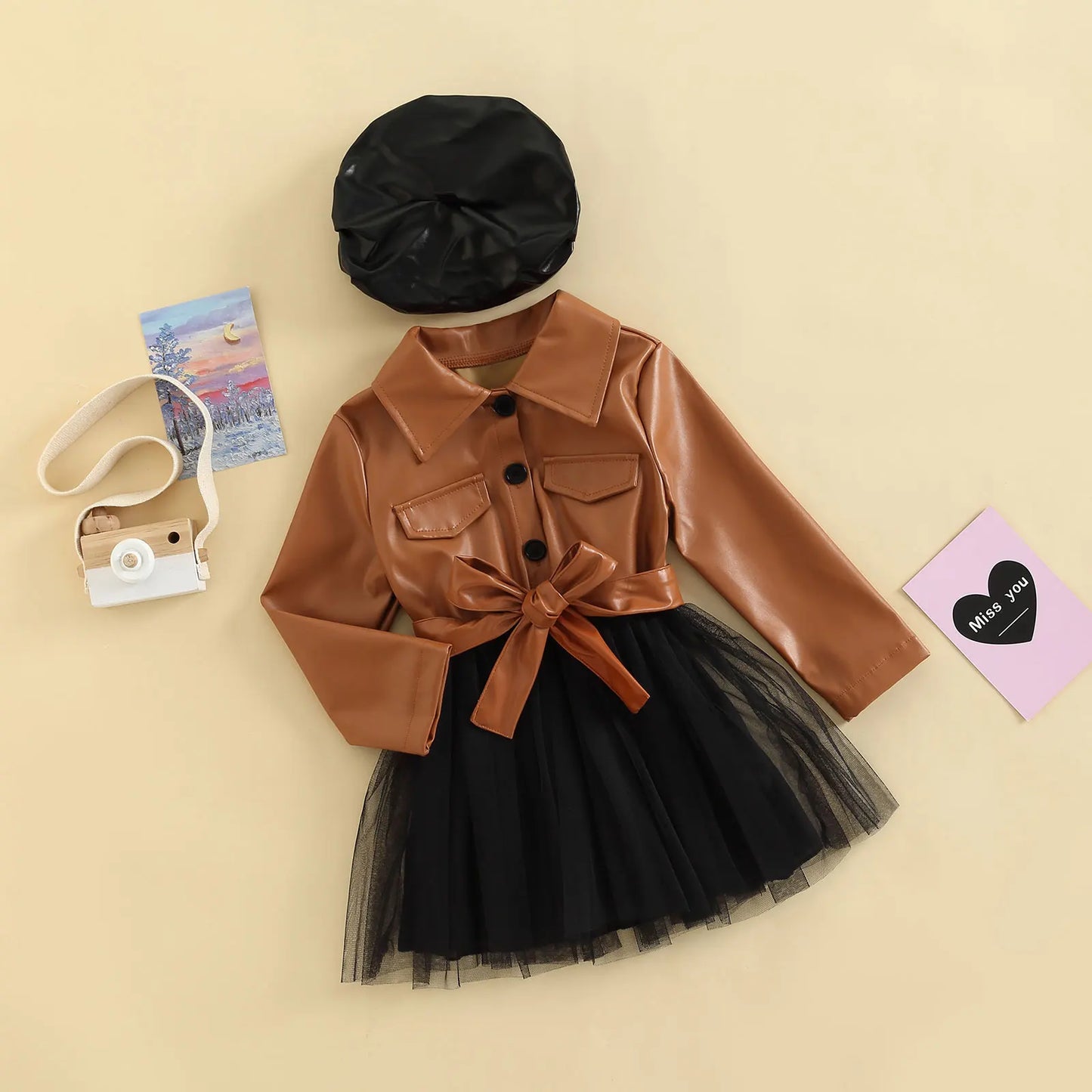 Vestido acampanado de manga larga con solapa de cuero PU para niñas pequeñas, vestido de retazos de tul con sombrero, 3-7T, primavera y otoño