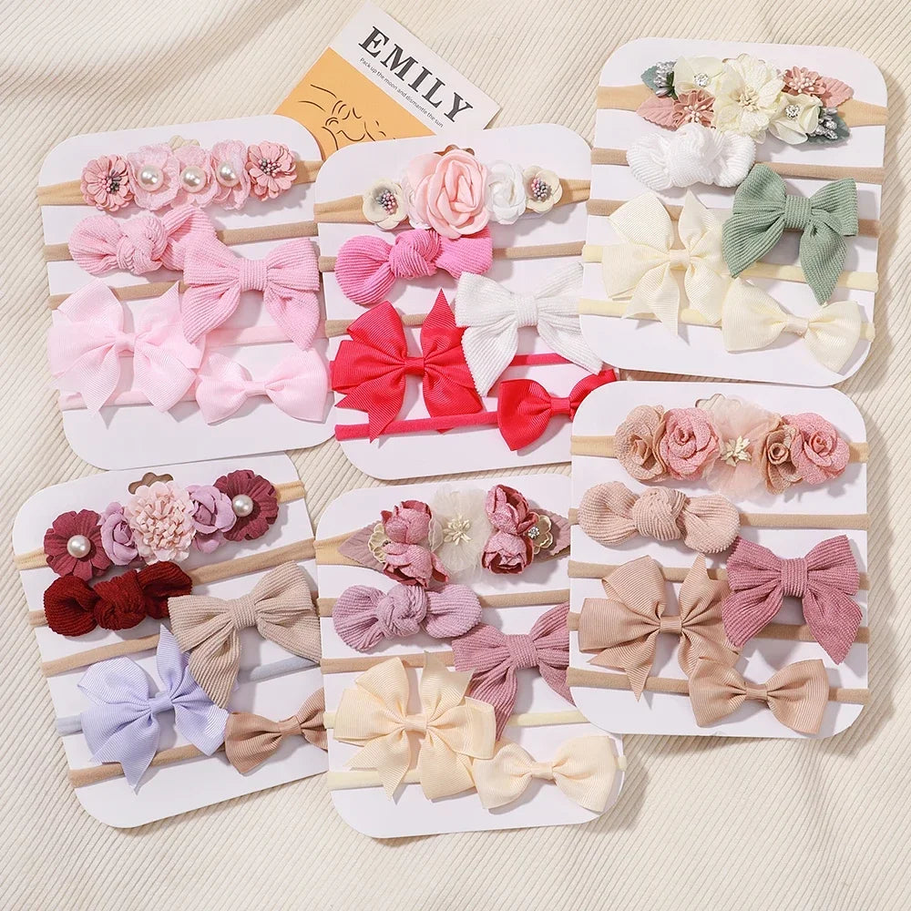 5 unids/lote, diadema elástica de nailon para bebé, banda para la cabeza con lazo de encaje y flores para recién nacido, accesorios suaves para el cabello para niña pequeña