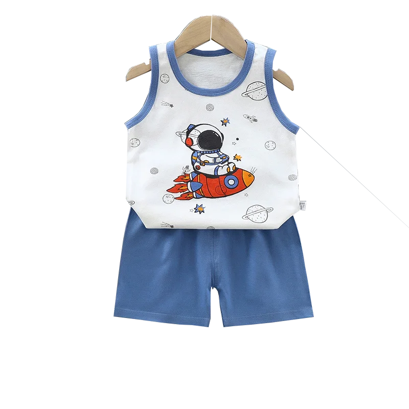 Conjunto de 2 piezas de chaleco y pantalones cortos transpirables de algodón para niños y niñas, chándal de verano con estampado de dibujos animados, ropa informal, traje de 1 a 6 años