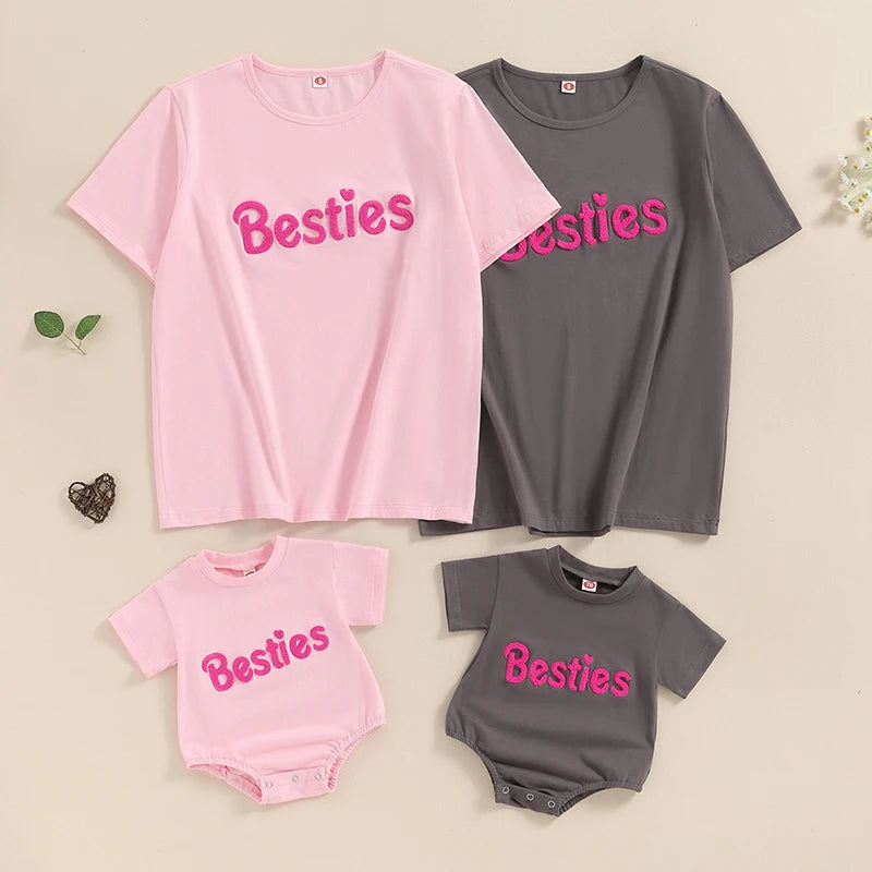 Ropa a juego para madre e hija, camiseta de manga corta con bordado de letras y cuello redondo para verano