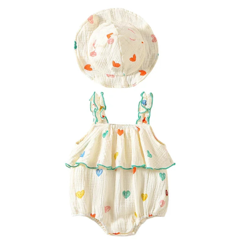 Body con tirantes de verano para niñas de 0 a 2 años, ropa infantil de una pieza con estampado de corazón, mono sin mangas con sombrero