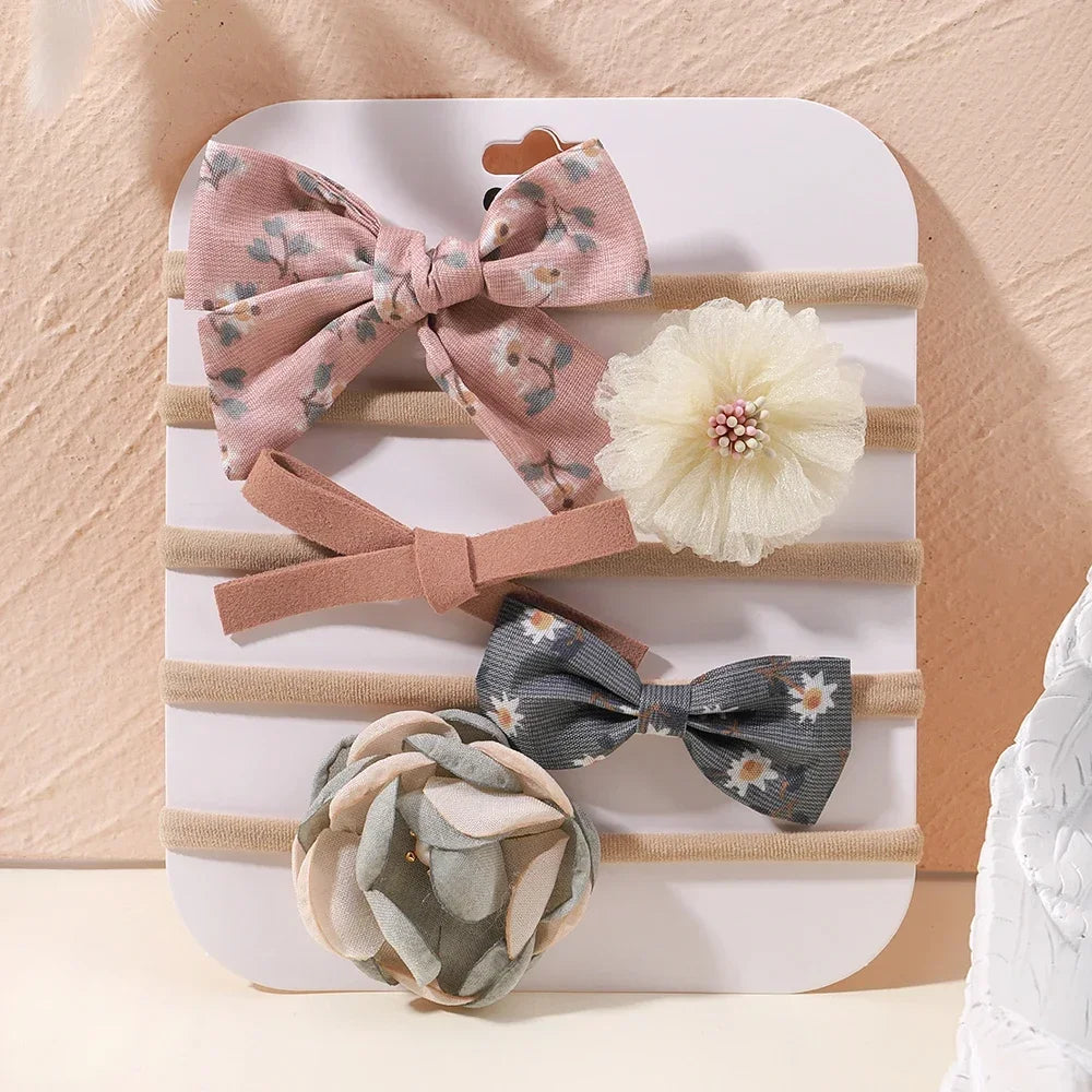 5 unids/lote, diadema elástica de nailon para bebé, banda para la cabeza con lazo de encaje y flores para recién nacido, accesorios suaves para el cabello para niña pequeña