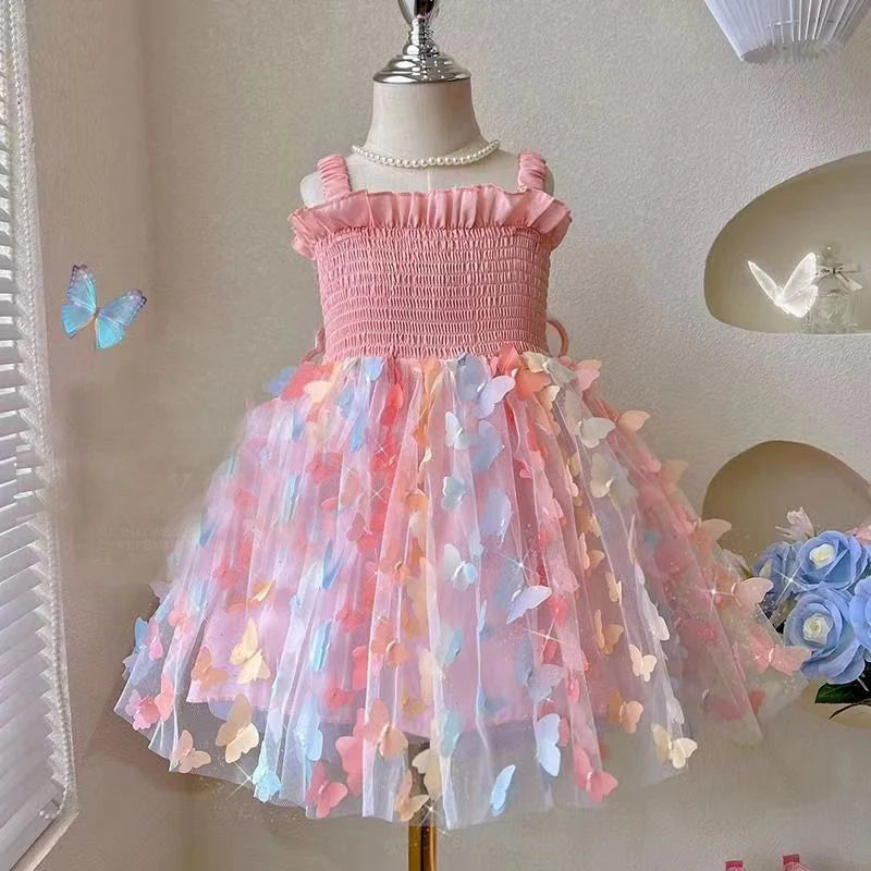 Nuevos vestidos de noche para fiesta de cumpleaños para niñas, ropa de verano con alas de mariposa para niños, disfraz colorido dulce para niños pequeños