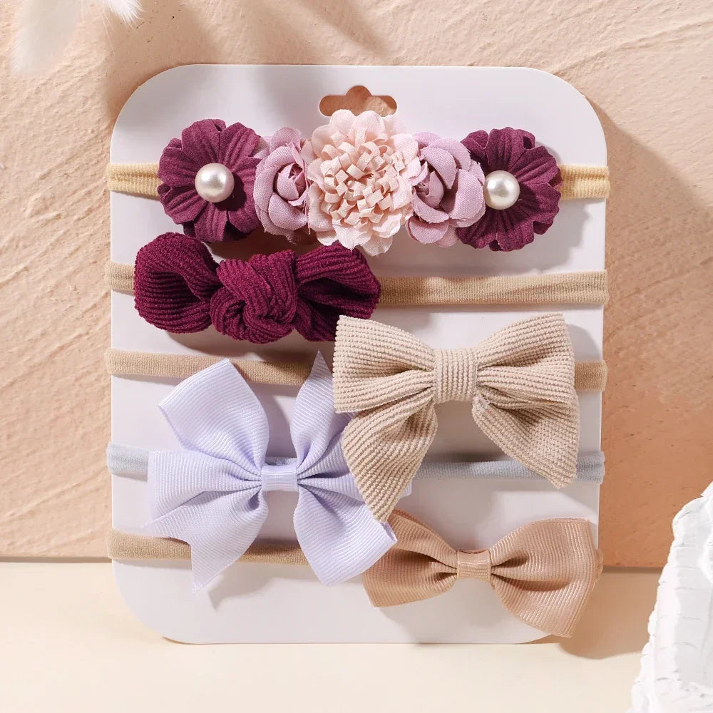 5 unids/lote, diadema elástica de nailon para bebé, banda para la cabeza con lazo de encaje y flores para recién nacido, accesorios suaves para el cabello para niña pequeña