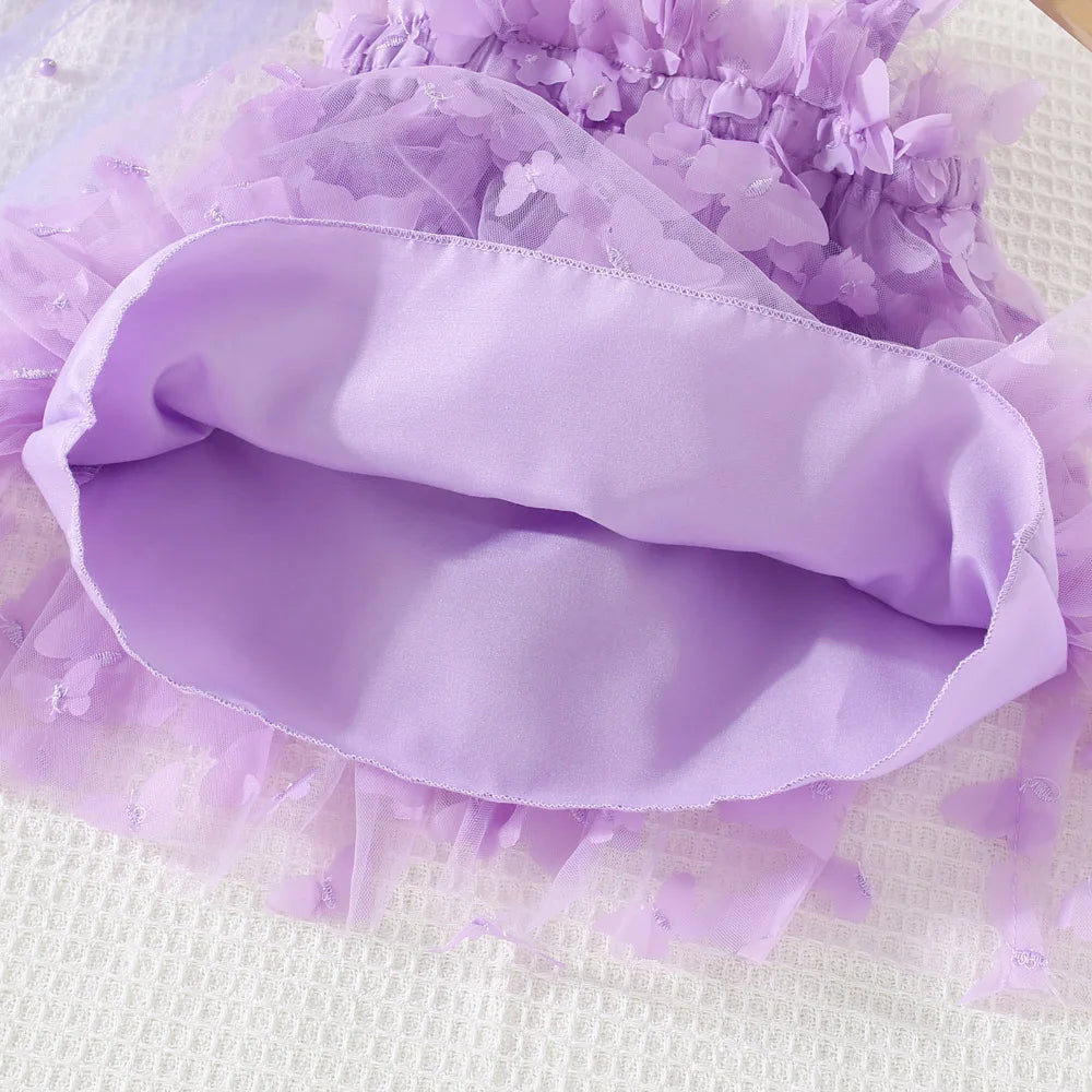 (0-3 años) novedad de verano, vestido para niñas, Color sólido, Halter, mariposa adornada, falda acampanada, vestido de princesa dulce de malla