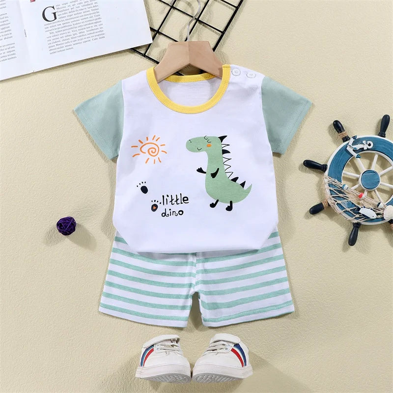 Camisetas de algodón + Pantalones cortos, conjunto de chándal de 2 piezas, traje de verano con estampado de dinosaurio y cebra de dibujos animados para niños y niñas, ropa para bebés de 1 a 6 años