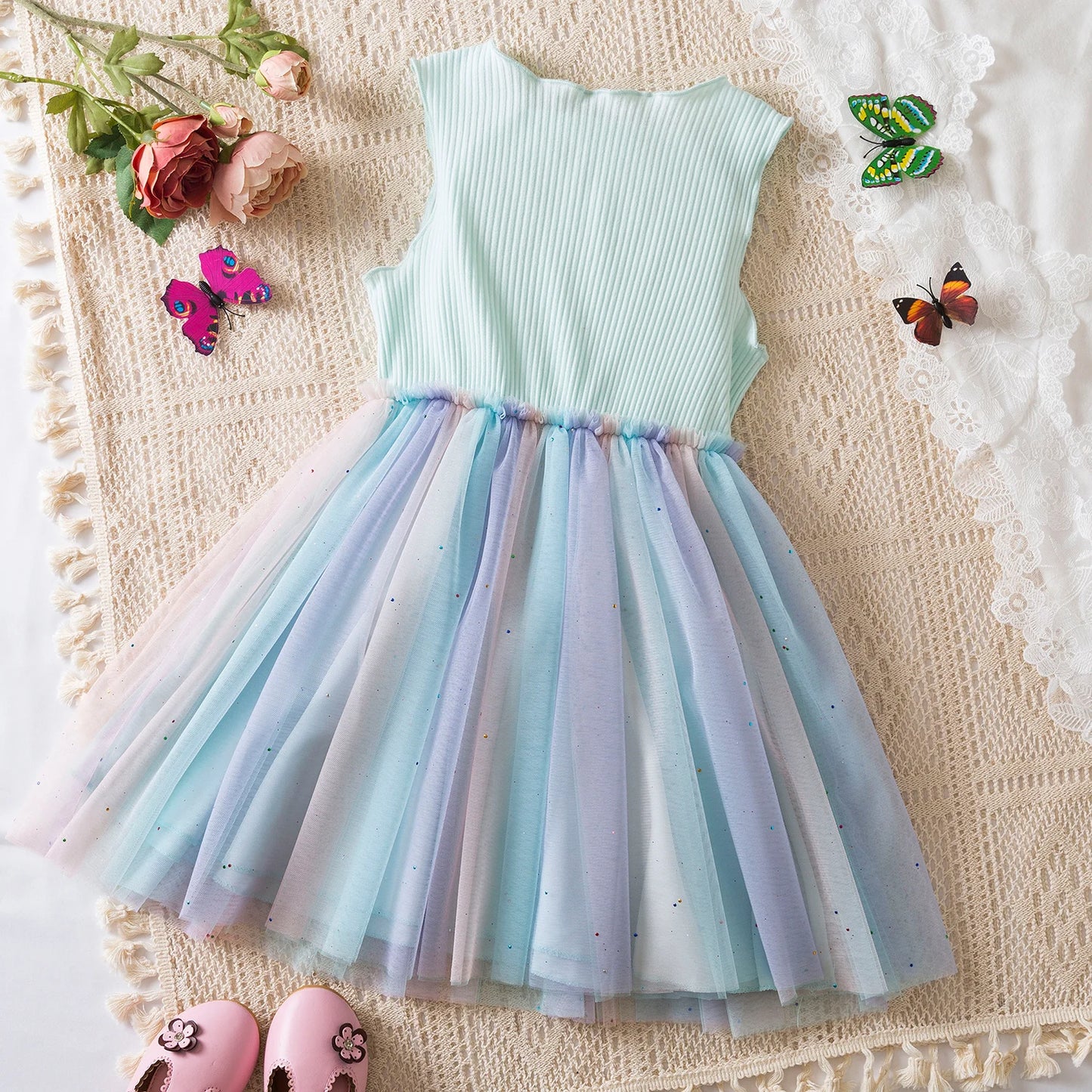 Vestido de verano para niñas pequeñas, tutú de malla hinchado, vestido con tirantes y bordado Floral de princesa, ropa de fiesta de cumpleaños para niñas pequeñas