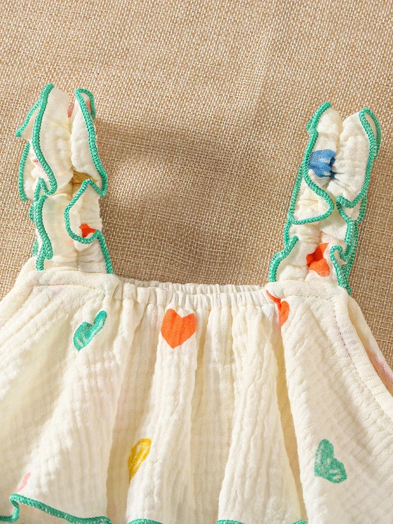 Body con tirantes de verano para niñas de 0 a 2 años, ropa infantil de una pieza con estampado de corazón, mono sin mangas con sombrero
