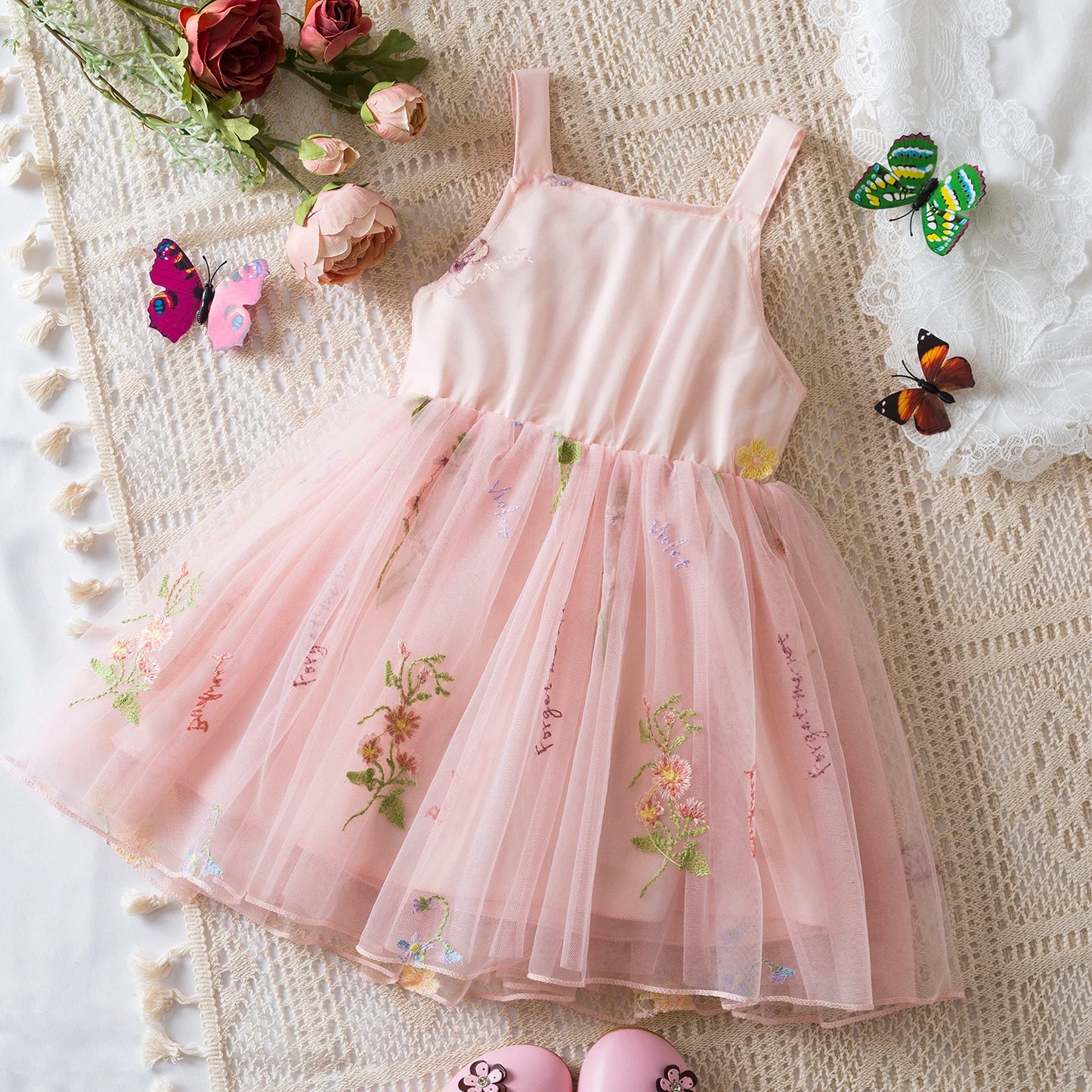Vestido de verano para niñas pequeñas, tutú de malla hinchado, vestido con tirantes y bordado Floral de princesa, ropa de fiesta de cumpleaños para niñas pequeñas