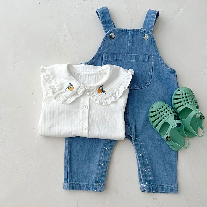 Traje de ropa para niños, conjunto de ropa para niñas pequeñas, camisa bordada de manga larga + mono vaquero, traje de ropa de otoño y primavera