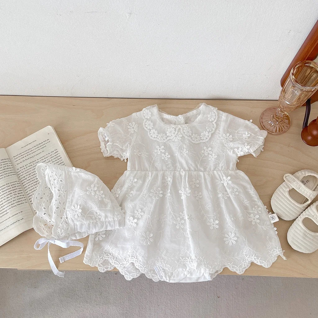Vestido mameluco de algodón bordado de manga corta para niña recién nacida, falda de princesa para niña, ropa de bautismo para bebé