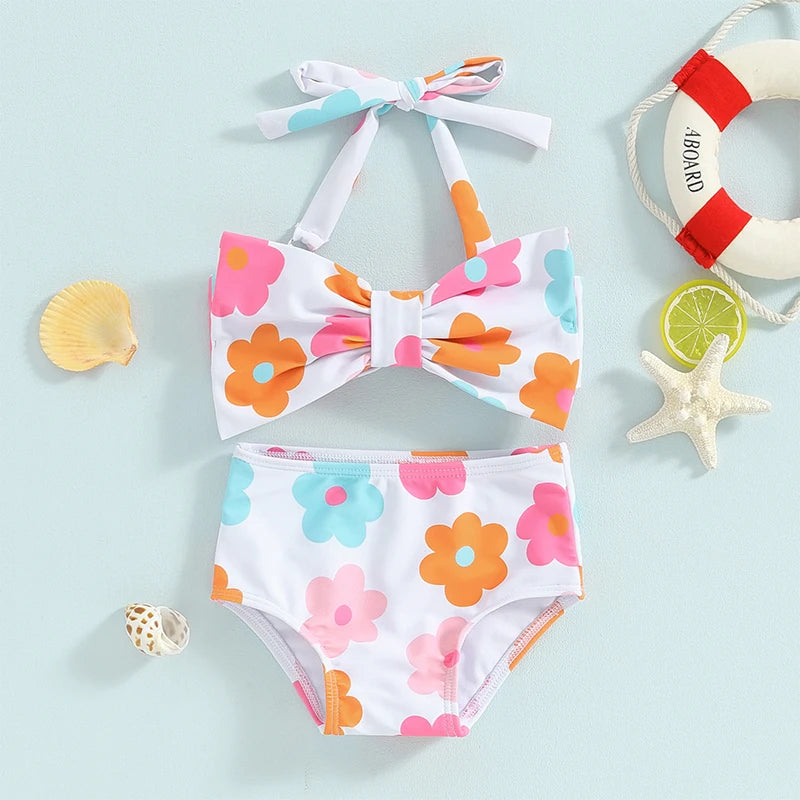 Conjunto de Bikini para niña pequeña, traje de baño de 2 piezas con cuello Halter, Bikini Floral sin mangas, Top anudado, pantalones cortos con estampado de flores a cuadros, 1-6T