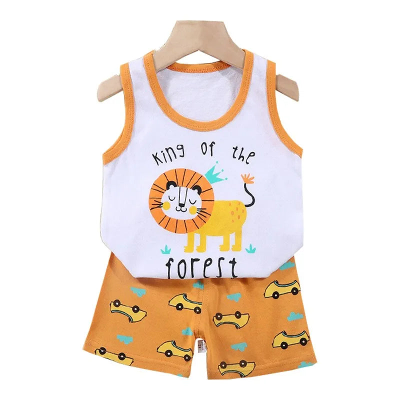 Conjunto de 2 piezas de chaleco y pantalones cortos transpirables de algodón para niños y niñas, chándal de verano con estampado de dibujos animados, ropa informal, traje de 1 a 6 años