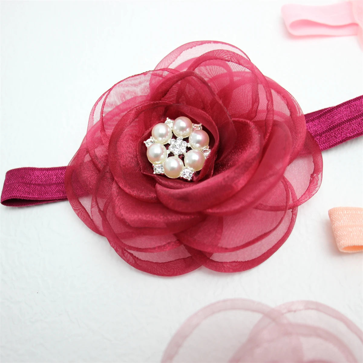 Boutique, diadema de flores de gasa de gran tamaño para niña, accesorios para el cabello, diadema de nailon con perlas de diamante para recién nacido, turbante para bebé bonito