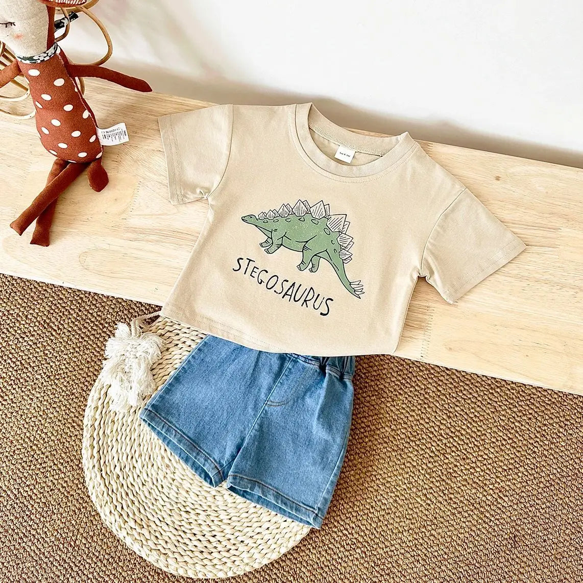2024 Newborn Baby Boys Clothing Summer Set Cartoon Dinosaur Print Cotton Short Sleeved Denim Shorts Girl Clothes 0-3 Years
