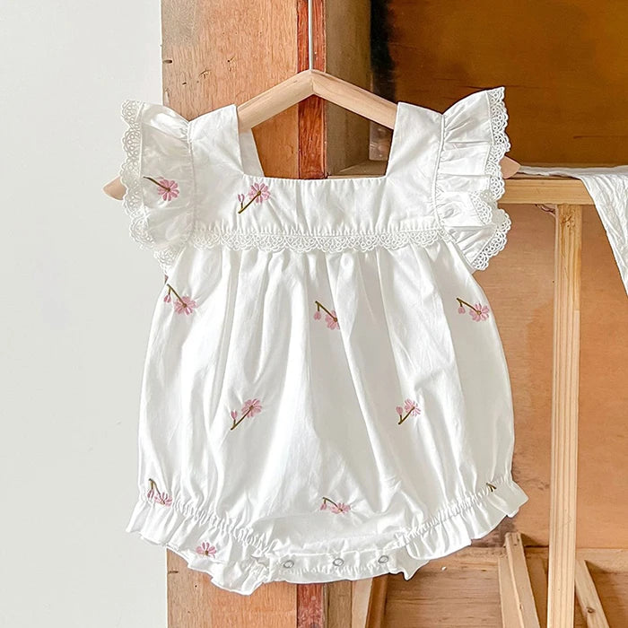 Mono para niñas recién nacidas, monos con bordado de flores de algodón y manga voladora, ropa para niñas pequeñas para verano