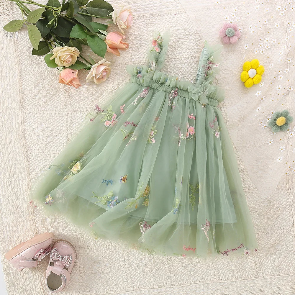 Lindo vestido de tirantes de malla para niñas pequeñas, vestido de princesa tutú de tul esponjoso, ropa informal de verano con bordado de flores para niñas pequeñas