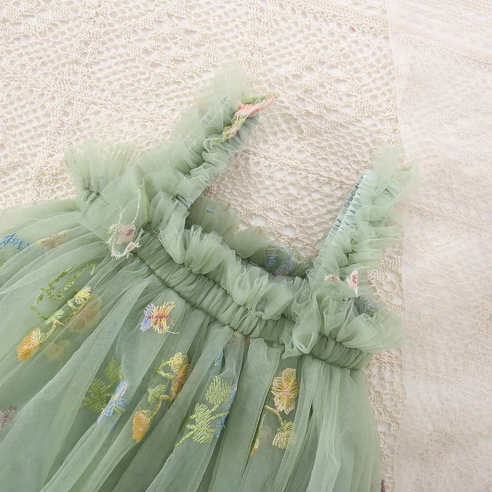Lindo vestido de tirantes de malla para niñas pequeñas, vestido de princesa tutú de tul esponjoso, ropa informal de verano con bordado de flores para niñas pequeñas