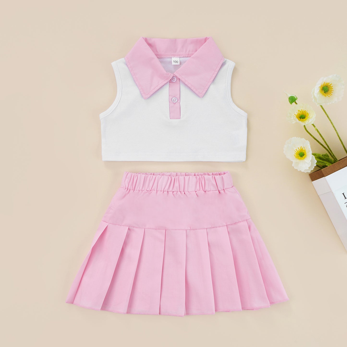 Conjunto de ropa de verano para niñas pequeñas, camiseta sin mangas con botones de solapa de retazos y Falda plisada, 2 a 7 años