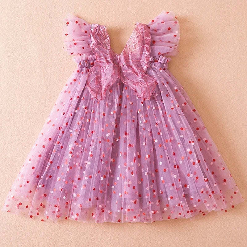 Vestido nuevo de verano para niñas, vestidos de princesa de malla con bordado de fresa y lazo de manga voladora, ropa para niñas de 1 a 5 años