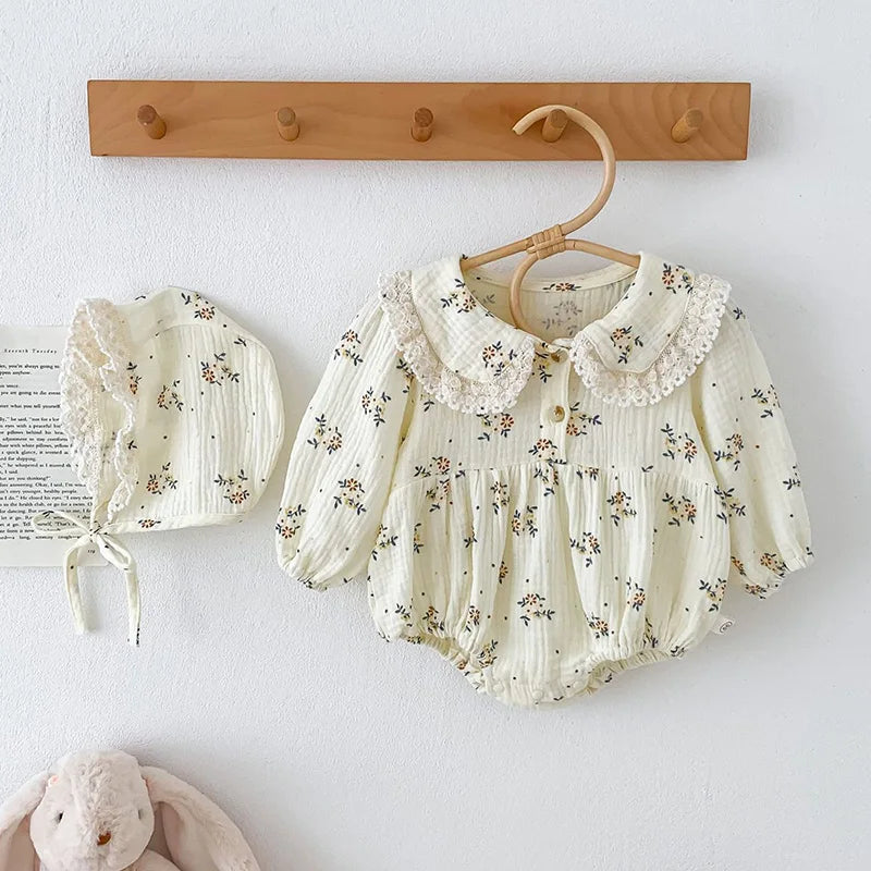 2025 primavera recién nacido bebé niñas mameluco + sombrero 2 uds solapa peleles florales niños moda ropa de bebé recién nacido niña mono